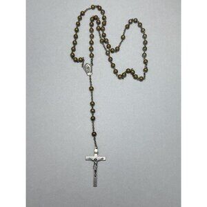 Vintage Di Roma Brass Rosary Necklace Crucifix Catholic Signed Religious